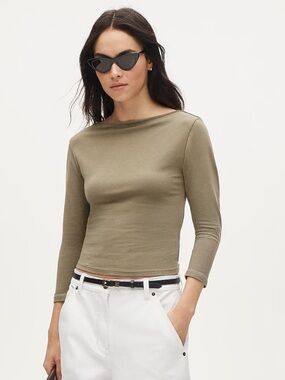 J Crew, ballet sleeve, boatneck top lightweight stretch- Olive